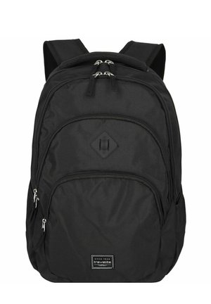 Black backpack made of durable nylon. Features dual zippered compartments, padded straps, and mesh side pockets for extra storage.