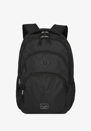 Zaino nero realizzato in nylon resistente. Caratterizzato da doppie tasche con zip, spallacci imbottiti e tasche laterali in rete per ulteriore spazio di archiviazione.