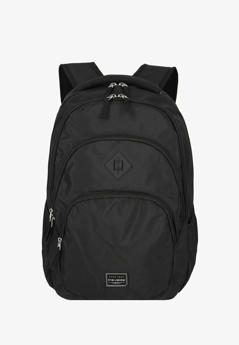 Zaino nero realizzato in nylon resistente. Caratterizzato da doppie tasche con zip, spallacci imbottiti e tasche laterali in rete per ulteriore spazio di archiviazione.