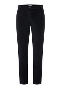 Zwarte katoenen broek met een rechte pijpdesign, voorzien van zijzakken en een ritssluiting met knoopsluiting. Glad materiaal over de hele lengte.