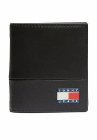 Schwarze Lederbörse mit strukturiertem Finish, Bifold-Design und einem bunten Tommy Jeans-Logo auf der Vorderseite. Genähte Kanten für Langlebigkeit.