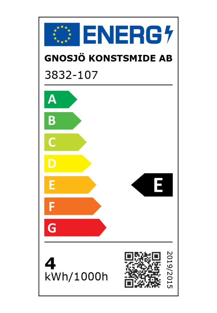 Etiqueta energética con fondo blanco, que presenta un logo azul "ENERG" y una escala codificada por colores que va de A (verde) a G (rojo), marcada con una calificación E.