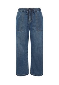 Jeans in denim blu a gamba larga con elastico in vita e cordoncino nero, dotati di grandi tasche a toppa frontali.