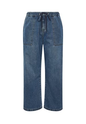 Wijde blauwe denim jeans met een elastische tailleband en een zwarte trekkoord, voorzien van grote voorzakken.