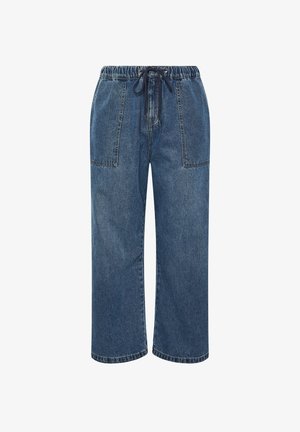 Weite blaue Denim-Jeans mit elastischem Bund und schwarzem Kordelzug, ausgestattet mit großen vorderen Aufsetztaschen.