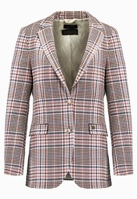 Blazer à carreaux dans un mélange de bruns, blanc et rouge. Il présente des revers crantés, deux boutons, deux poches avant et une doublure intérieure lisse.