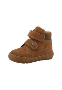 Kohvashallast nahklihast valmistatud pahkluu saapad, millel on kaks Velcro rihma. Kummi tald, pehmendatud kaelus ja oranž vooder. Omab õmbluse detaile ja logo.