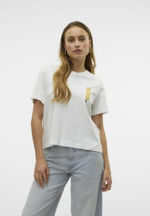 White cotton t-shirt with a round neckline, featuring a textured yellow vertical stripe design on the left chest. Casual fit, short sleeves.