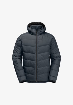Padded jacket with a hood, featuring a dark gray color, stitched chevron pattern, full front zipper, and elastic cuffs.