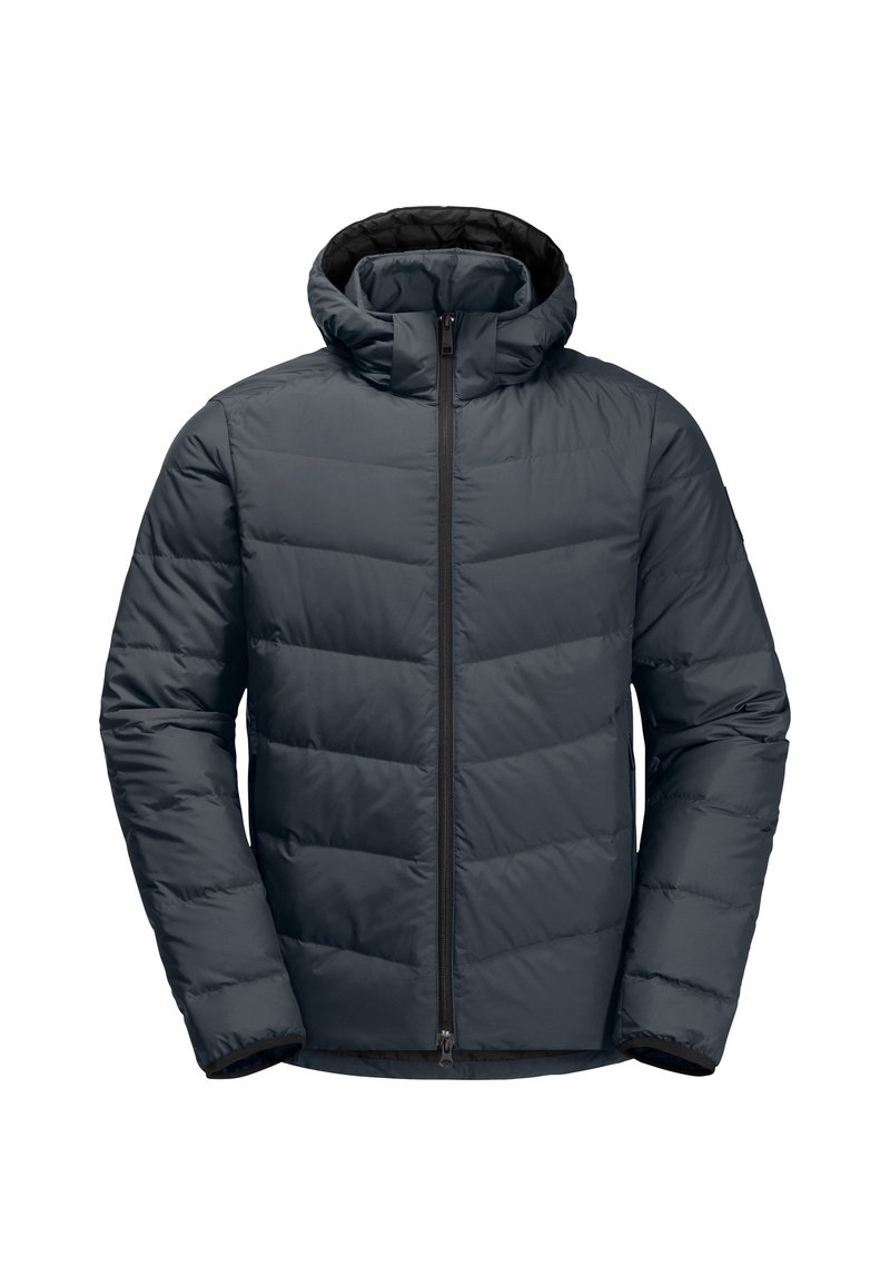 Giacca imbottita con cappuccio, di colore grigio scuro, con motivo a zigzag cucito, zip frontale completa e polsini elasticizzati.