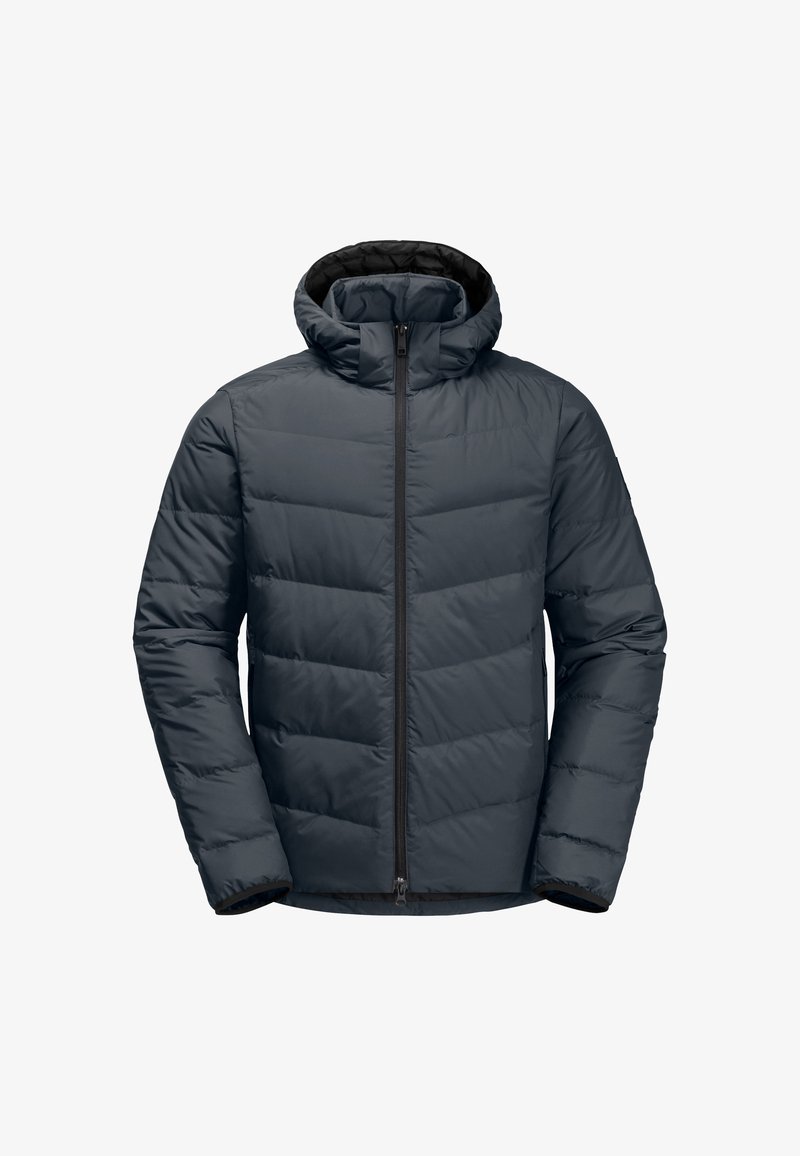 Gewatteerde jas met een capuchon, in donkergrijze kleur, met gestikte chevronpatroon, volledige ritssluiting aan de voorkant en elastische manchetten.