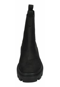 Zwarte enkellaars met een glad leren bovenwerk, een ronde neus en een stevige rubberen zool. Voorzien van een trekhaak aan de hiel voor gemakkelijk aan- en uittrekken.