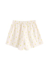 Vita shorts i strukturerad tyg med små gula citronmönster och resårmidja för komfort.
