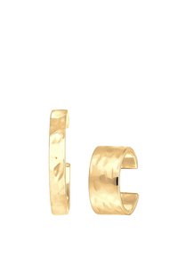 Goldfarbene Metall-Hoops mit gehämmertem Textur, im offenen Design mit glatten, abgerundeten Kanten.