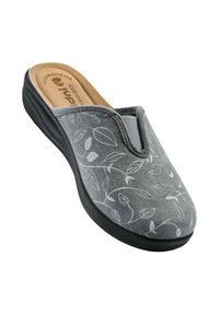 Scarpa slip-on grigia con design floreale, materiale scamosciato, soletta imbottita e suola in gomma nera. Presenta un pannello elastico per una facile calzata.