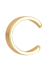 Zierstück aus goldfarbenem Metall in Form des Buchstabens "C" mit einer glatten, glänzenden Oberfläche, das ein abgerundetes, offenes Design und gebogene Enden aufweist.