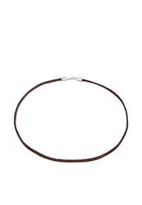 Brun ruskind choker halskæde med en glat tekstur, udstyret med sølvhardware ved låsen og et enkelt, uudsmykket design.