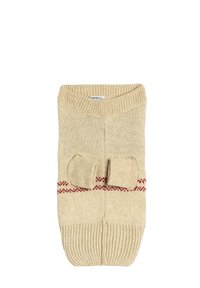 Beżowy sweter z dzianiny z prążkowanym dekoltem i dołem. Udekorowany czerwonymi poziomymi paskami oraz dwoma małymi kokardkami z przodu.