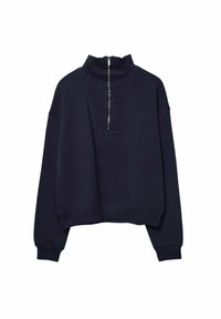 Marineblauwe pullover met een hoge kraag en halve ritssluiting aan de voorkant, voorzien van een comfortabele pasvorm en geribbelde boorden bij de mouwen en zoom. Zachte, gestructureerde stof.