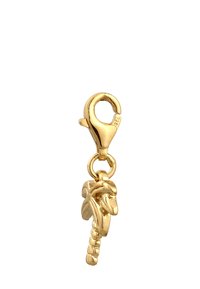 Guldfärgad hummerlås med en palmträd charm, detaljerad med bladtäckningar och en stiliserad stamdesign. Märkt med "925."