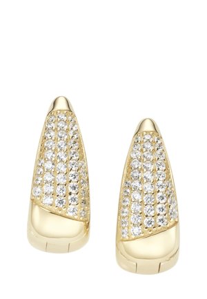Gold-tone earrings featuring a tapered shape, adorned with clear crystals arranged in a grid pattern for a sparkling effect.