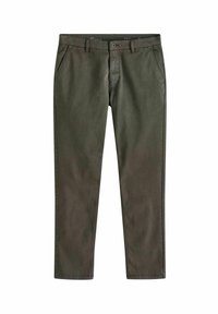 Pantalones ajustados en denim verde oscuro, con una textura suave, bolsillos delanteros y un cierre clásico de botón y cremallera.