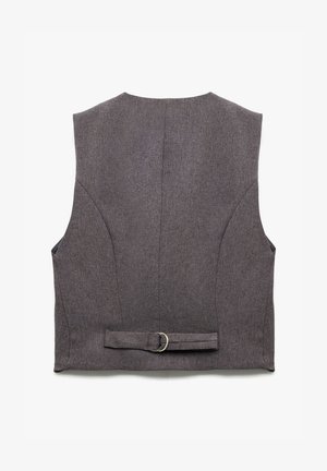 Graue rückenfreie Weste aus strukturiertem Stoff. Verfügt über eine geraffte Taille mit einer runden Schnalle und Nahtdetails auf der Rückseite.