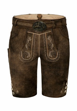 Brown leather shorts featuring embroidered floral patterns, a decorative buckle, and button accents on the sides.