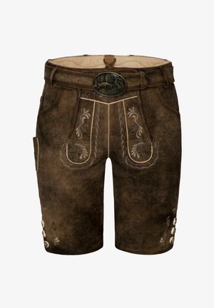 Bruine leren shorts met geborduurde bloemenpatronen, een decoratieve gesp en knoopaccenten aan de zijkanten.