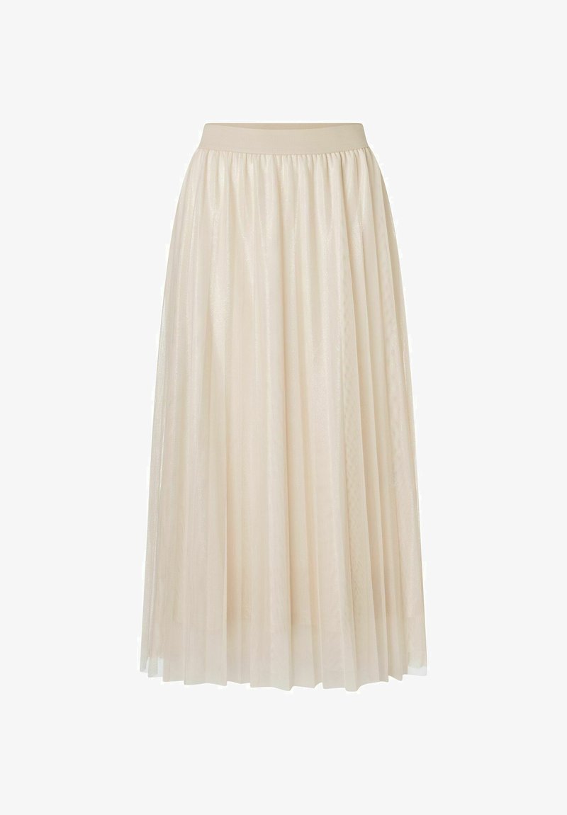 Faltenrock in hellbeige, mit einem weichen, elastischen Bund und transparenter, fließender Stoffqualität mit einem dezenten Glanz.