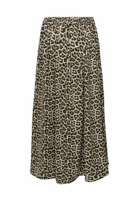Gonna lunga in stampa leopardata con elastico in vita, realizzata in tessuto leggero, caratterizzata da una silhouette fluida e una combinazione di colori marrone e beige.
