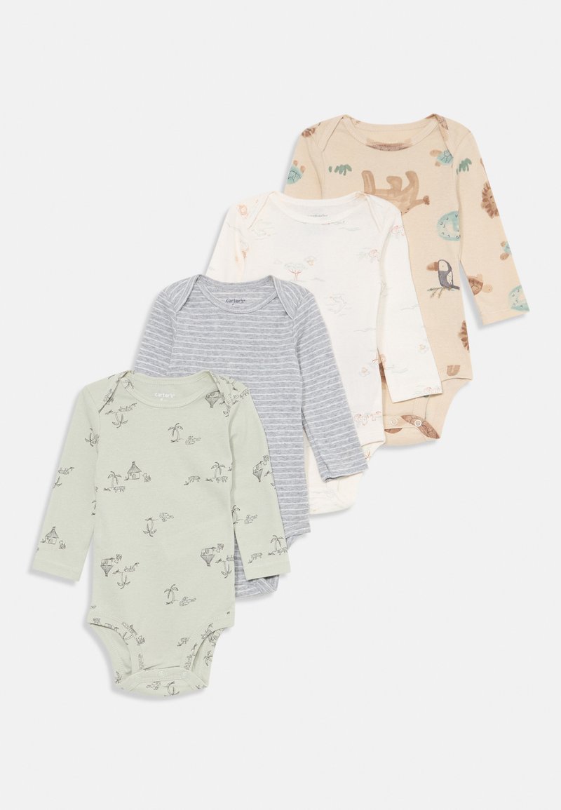 Štiri bodije za dojenčke z dolgimi rokavi: svetlo zelena z majhnim potiskom živali, sivo-rjavih črt, svetlo bež z nežnimi vzorci in svetlo rjava z motivi gozda.