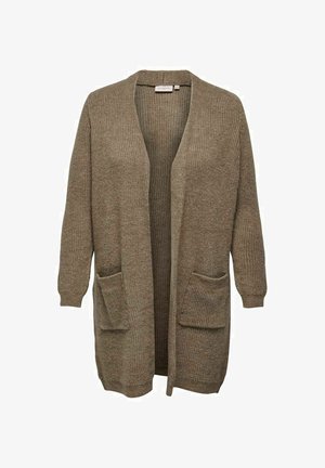 Langer, offener Cardigan aus strukturiertem Strickstoff in einer gedämpften olivgrünen Farbe. Verfügt über zwei Vordertaschen und gerippte Bündchen.