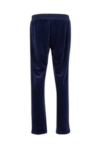 Granatowe welurowe spodnie o miękkiej teksturze, prostym kroju i elastycznej talii. Tylny widok ukazuje gładki, nieozdobny design.