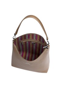 Beige leather handbag with smooth texture, zip closure, and short handle. Interior features multicolored striped lining with zip pocket.
