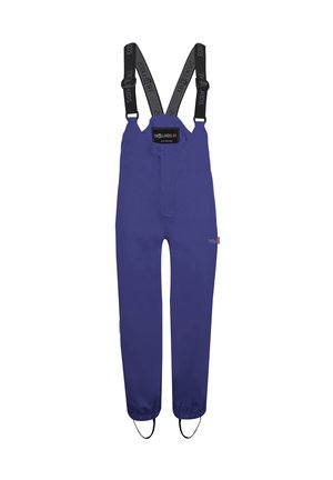 Lila wasserdichte Latzhose mit verstellbaren schwarzen Trägern, elastischen Bündchen, vorderem Knopfverschluss und verstärkten Knöchelriemen für einen sicheren Sitz.