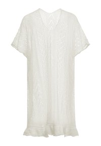 Valkoinen neulottu kimono-tyylinen peite, jossa on teksturoitu kuosi, lyhyet hihat ja röyhelöhelma. Avoin selkä ja V-pääntie.