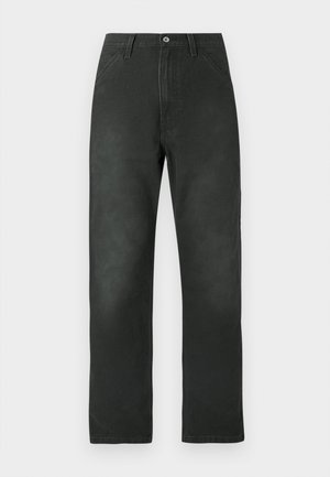 Jeans neri a gamba dritta con una trama liscia, design a cinque tasche e chiusura frontale con un solo bottone. Cuciture a contrasto di colore.