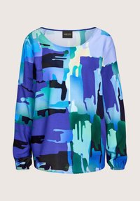Langärmliges Oberteil mit mehrfarbigem abstraktem Muster in Blau-, Grün- und Schwarztönen. Glatter Stoff, Rundhalsausschnitt und geraffte Bündchen.