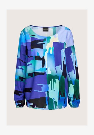 Langärmliges Oberteil mit mehrfarbigem abstraktem Muster in Blau-, Grün- und Schwarztönen. Glatter Stoff, Rundhalsausschnitt und geraffte Bündchen.