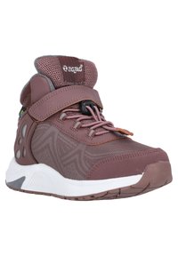 Bruine hoge sneakers van mesh en synthetisch materiaal, met een klittenbandsluiting, rubberen zool en geperforeerde accenten voor ademend vermogen.