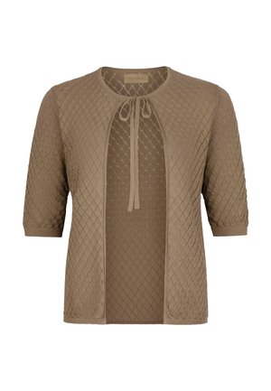 Hellbraune kurzärmelige Strickjacke mit Rautenmuster und vorderer Bindeschlaufe.