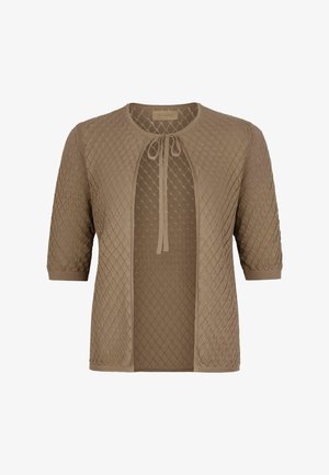 Cardigan a maniche corte marrone chiaro con motivo a maglia a diamante e chiusura frontale con laccetto.