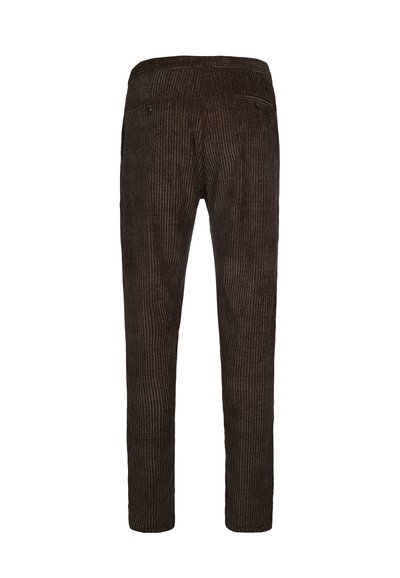 Pantaloni in corduroy marrone con texture a righe verticali, design attillato e due tasche posteriori con dettagli a bottone.