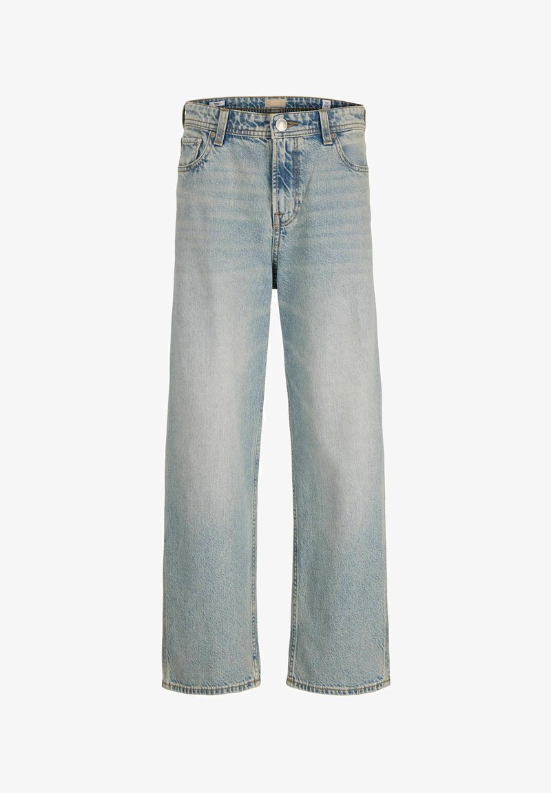 Jean en denim bleu clair à coupe droite, avec bouton à l'avant, passants pour ceinture et effets délavés sur les cuisses et les genoux.