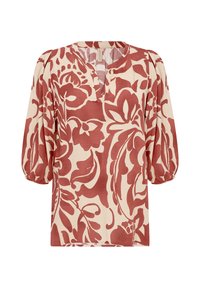 Red and cream floral blouse with a v-neck, puffed sleeves, and a loose fit. The fabric features a textured, printed design.
