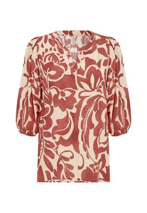 Röd och krämfärgad blus med blommönster, v-hals, puffärmar och lös passform. Tyget har en strukturerad, tryckt design.