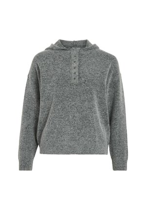 Haut à capuche gris en tissu tricot texturé. Présente une patte de boutonnage partielle avec cinq boutons et une coupe décontractée, offrant un confort amélioré.