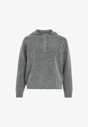 Šedá mikina vyrobená z texturované pleteniny. Obsahuje částečné zapínání na knoflíky se pěti knoflíky a má volný střih, který zvyšuje pohodlí.