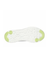 Suela de zapato con patrones texturizados circulares y acentos de goma verde claro en las áreas del talón y los dedos.